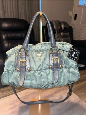 Prada Sage Gathered Nylon Shoulder Bag with Leather and Gold Hardware